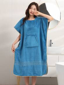 1 buah Jubah Mandi Wanita Lembut, Menyerap, Berkerudung, Tanpa Lengan, Warna Polos, Minimalis, Ukuran Besar, Ponco yang Dapat Dipakai untuk Mandi, Berselancar, Pantai, Aktivitas Luar Ruangan - Dusty Blue - View 5