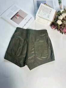 Pantalones cortos de mujer de unicolor, casuales y sexys con revestimiento, adecuados para vacaciones de otoño/invierno y verano - Verde militar - Ver 7