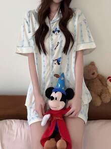 Gongdie Disney 迪士尼女士睡衣套装（2件套），夏季纯棉短袖短裤，可爱蓝条纹米奇印花柔软睡衣 - 杏色 - 查看 4