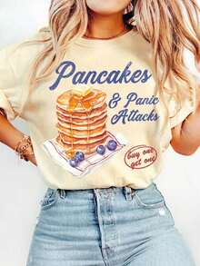 Women's Graphic Crew Neck T-Shirt With Fun "Pancake And Panic Attack" Print About Mental Health - Vintage Street Style Unisex Loose Cotton Short Sleeve Crew Neck T-Shirt - 柿子2 - 查看 6