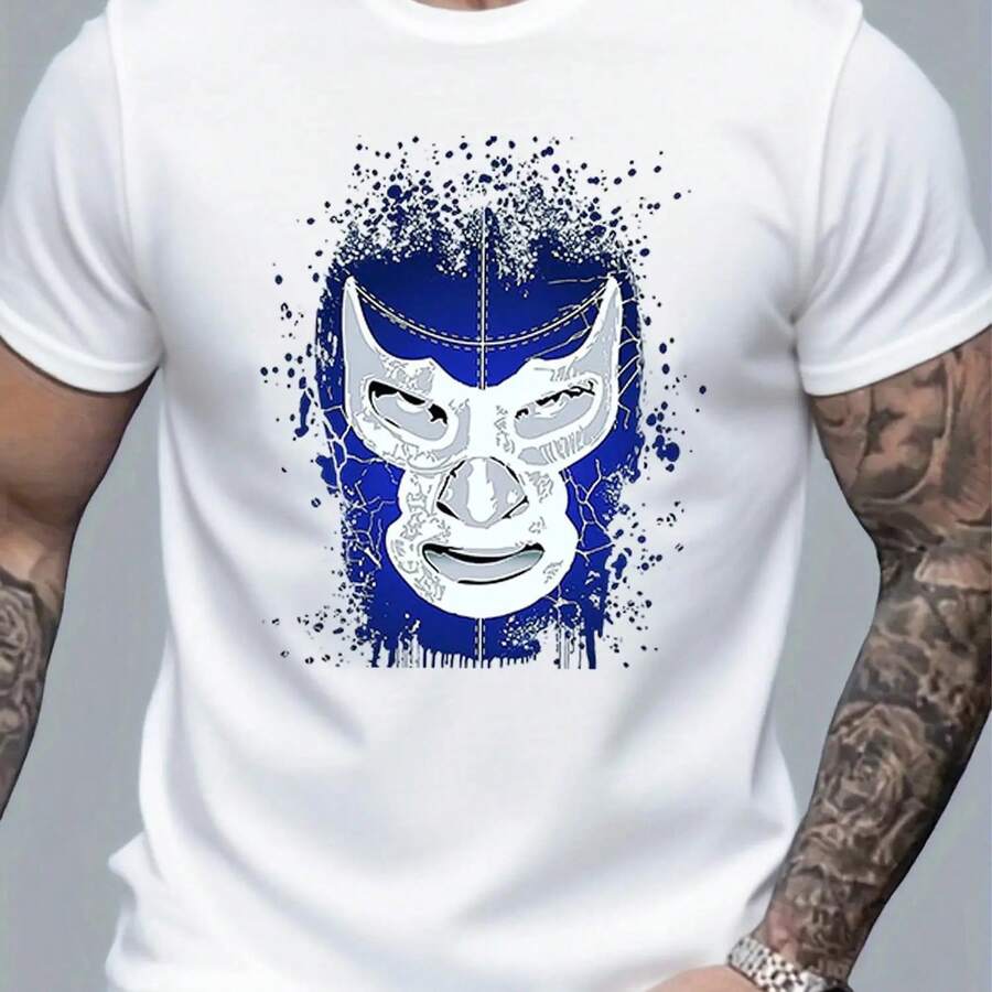 Black And White T-Shirts For Men, With A Blue And White Wrestling Mask Print, Suitable For Casual Wear And Sports Activities - 杏色 - 查看 1