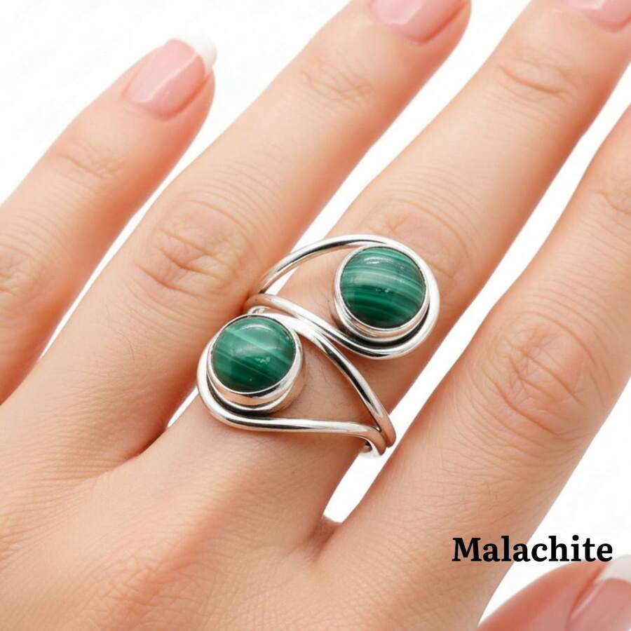 Malachite 925 Sterling Silver Gemstone Adjustable Ring - Malachite - View 1