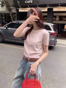 Áo khoác cardigan tay ngắn ôm dáng, cổ tròn, cài cúc phía trước, thêu nơ, thích hợp cho mùa hè. - Hồng - Xem 4