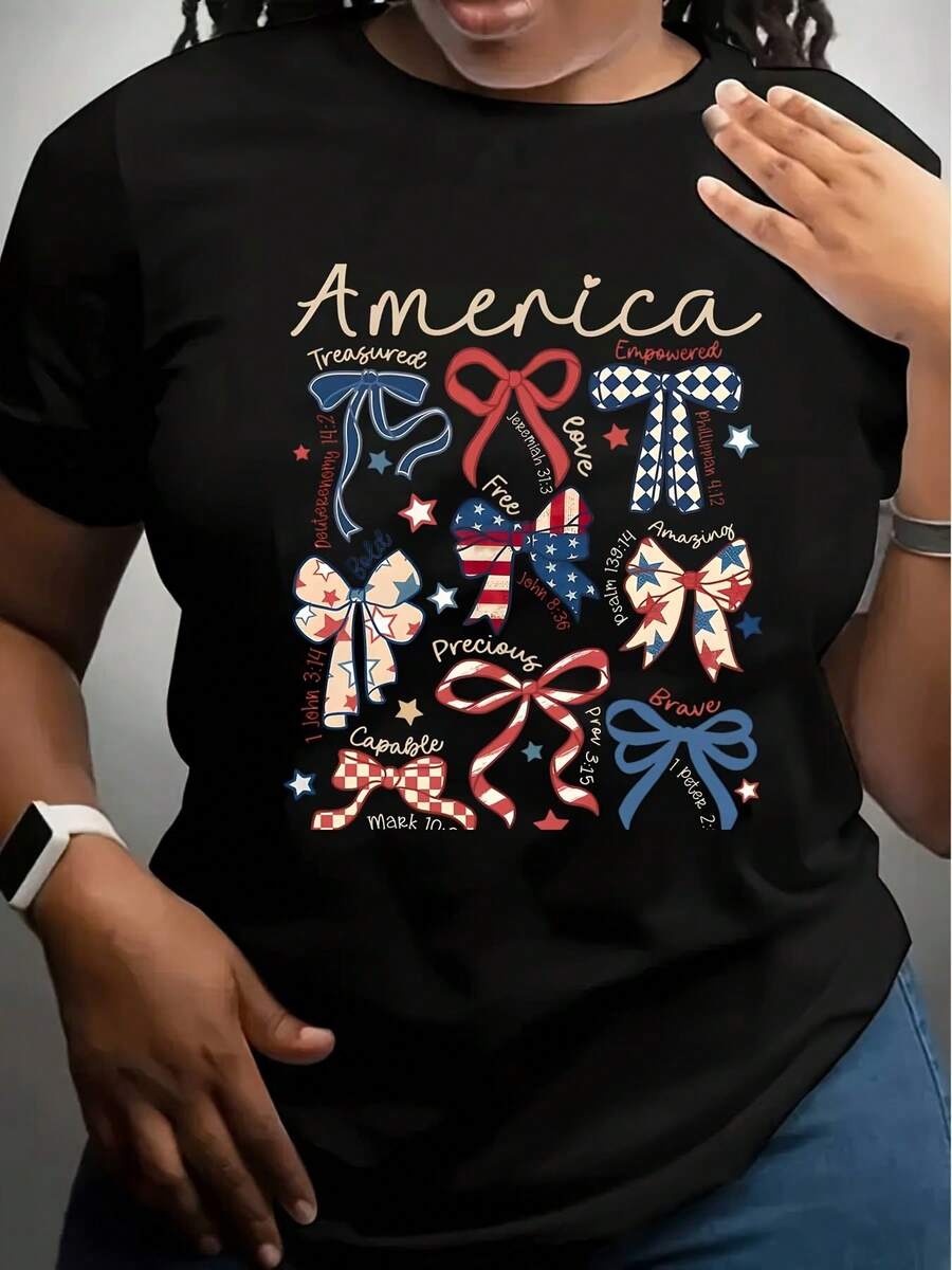 Plus Size Women's God Bless America & America Need Jesus Patriotic T-Shirt - American Flag Print Breathable Short Sleeve Crew Neck Casual Summer Tee with Faith-Based Message, Machine Washable Fit