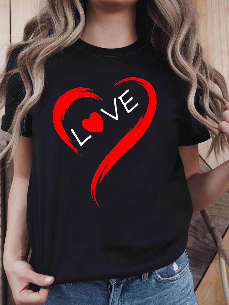 Artístico Corazón Amor Carta Impresión T - Camiseta Mujeres Primavera - Verano Corto - Manga Crew - Cuello Casual T - Camiseta, Ocio diario, Regalo de vacaciones