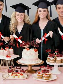 12pcs Black And Red 2026 Graduate Cake Toppers, Creative 'done','class Of 2026', 'Congrats GRAD' Letter Cupcake Picks For Graduation Party Decoration, Dessert Table Decor & Celebration Supplies. - Black and Red - View 7