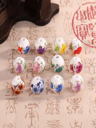 30 hạt gốm tối giản, hạt tròn tráng men họa tiết ngàn hoa, hạt gốm dùng để tự làm trang sức.