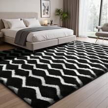 Sour Lemon Fluffy Area Rug Thick & Shaggy Carpet For Living Room & Bedroom Floor, Home Decor Anti-Slip Soft Carpet Floor Mat - Black & White Waves - View 10