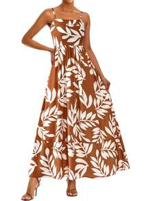 SXPRETTYGARDEN Women Summer Maxi Dresses 2026 Spaghetti Strap Boho Floral Striped Wedding Guest Beach Vacation Flowy Long Dress - Lá chuyển sang màu nâu - Xem 1