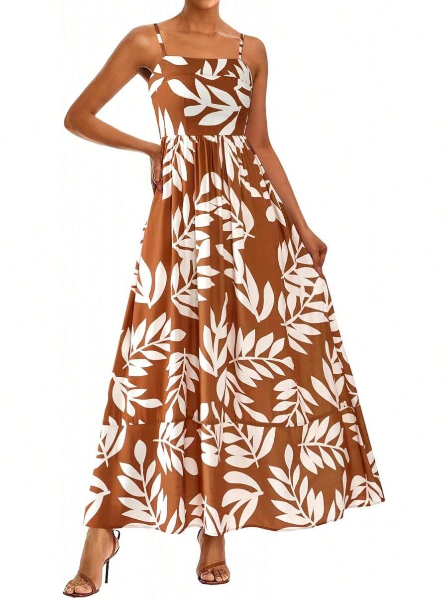 SXPRETTYGARDEN Women Summer Maxi Dresses 2026 Spaghetti Strap Boho Floral Striped Wedding Guest Beach Vacation Flowy Long Dress - Lá chuyển sang màu nâu - Xem 1