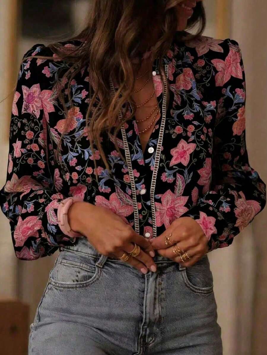 女款春夏數位印花襯衫,時尚優雅休閒寬鬆長袖小立領度假風黑色 - 黑色 - 查看 1