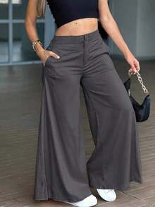 Pantalones anchos y sueltos de unicolor y casual para mujer, elegantes y minimalistas para la primavera - Gris Oscuro - Ver 5