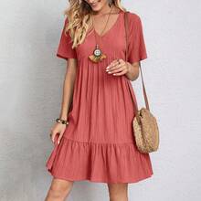 Vestido liso de verano para mujer, informal, bohemio, con cuello en V, manga corta, volantes, suelto, línea A, Mini vestido elegante para fiesta en la playa, Vestidos de calle - Rojo - Ver 5