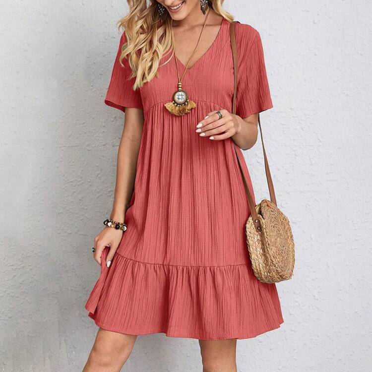 Vestido liso de verano para mujer, informal, bohemio, con cuello en V, manga corta, volantes, suelto, línea A, Mini vestido elegante para fiesta en la playa, Vestidos de calle - Rojo - Añade 5