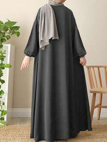 Elegant Arabic Style Solid Color Lantern Sleeve Long Loose Comfortable Abaya - Grey - View 3