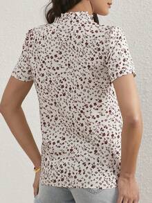 Blusa de manga abombada con cuello de muesca y volantes florales Ditsy para mujer - Beis - Ver 3