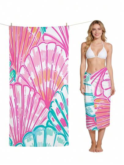 1pc 250g Ultra-Fine Fiber Beach Towel, Ocean Seashell Printed Beach Blanket, Extra Large Absorbent & Quick Dry Beach Towel, Anti-Sand Beach Mat, Suitable For Beach Chairs, Swimming, Pool, Beach, Camping, Summer Beach Essentials