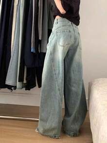 Women's American Retro Relaxed Wide-Leg Pants For Spring, Summer, And Autumn | High-Waisted Straight Pants, Elegant, Simple Silhouette, Flattering Fit, Leg-Lengthening, Suitable For Commuting, Basic, Stylish, Easy To Match, New Arrival, Classic - Blue - View 5