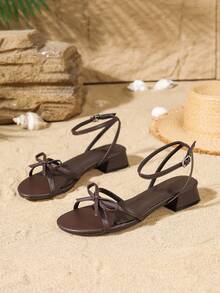 Women's French Bow Open Toe Low Heel Sandals Summer Round Toe Outdoor Chunky Heel Slides - Brown - View 5