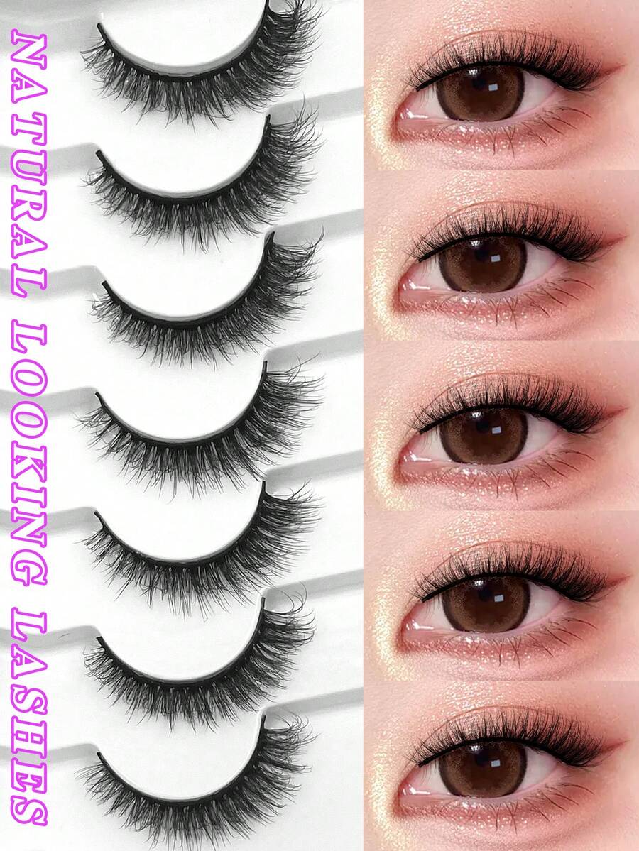 ENCHUW 7 Pairs Wispy Natural Look Eyelash Soft Band Faux Mink Lashes Fluffy Extension Reusable False Eyelashes Makeup - Black - View 1