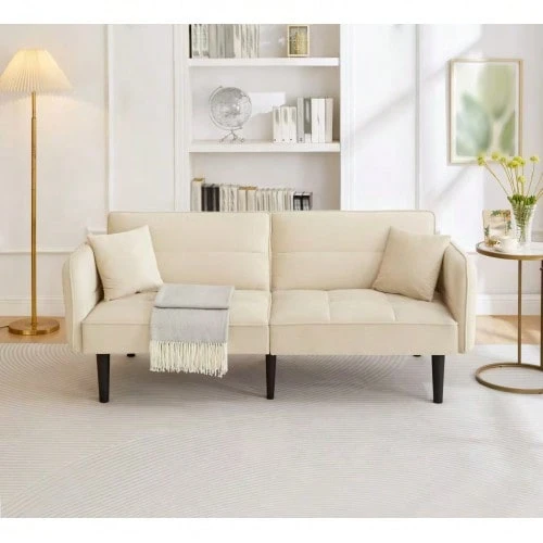 2-i-1 justerbar bäddsoffa – Tvåsitsig med sammetsklädsel, fällbara armstöd och sovfunktion, perfekt för små utrymmen - Beige - Visa 1