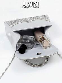 New Rhinestone Party Handbag, Formal Evening Clutch, Rhinestone Decor Wedding Ceremony Purse, Bridal Accessories - Silver - View 5