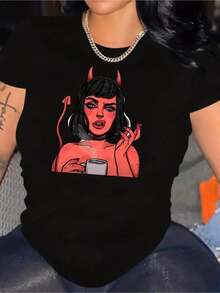 Camiseta Deportiva Gótica con Estampado Gráfico para Mujer - Cómoda y Casual con Cuello Redondo y Manga Corta - Ideal para Fitness y Moda Casual - Estampado Digital - Algodón Puro y Grueso - Camisetas para Mujer - Estilo Vintage Urbano Unisex - Camiseta Holgada de Algodón con Cuello Redondo y Manga Corta - Negro - Ver 8