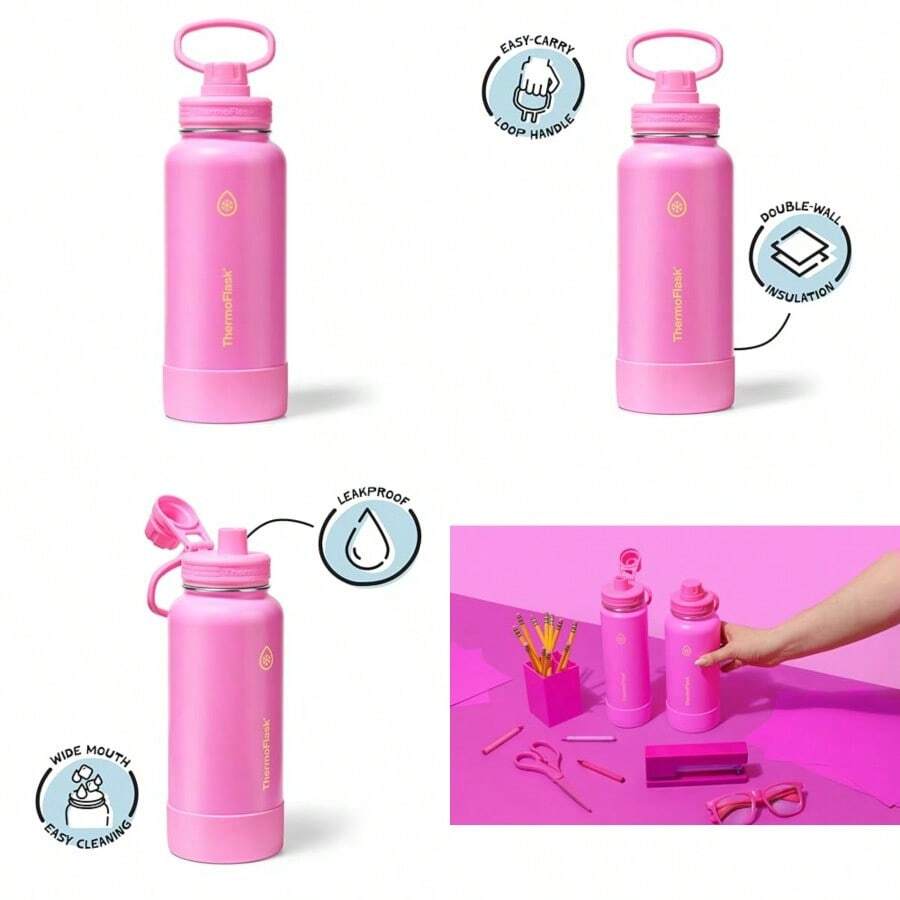 ThermoFlask - Botella de agua de acero inoxidable con doble pared aislada al aspiradora de 32 onzas, con tapa de boquilla, color rosa impactante - Rosado Impactante - Ver 1