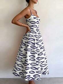 2026 Spring New Women's Clothing, Cross-Border European And American Dress, Sexy Waist-Cinching Pleated Solid Color Large Hem Strap Dress - 白底藍魚 - 查看 9