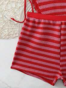 Conjunto de bikini y shorts de baño casuales para vacaciones en la playa de mujeres, 2026, 3 piezas, de tela texturizada con bloques de color y rayas, adecuado para primavera/verano, fiestas en la piscina, citas - Rosa - Ver 5