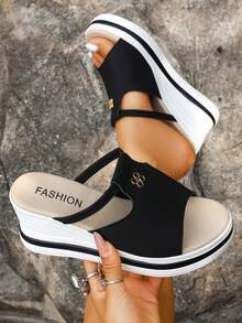 Summer New Thick Bottom Wedge Women Sandals, Fashion Versatile Casual Slip-On Sandals, High Heel Sandals, Mid Heel Sandals, Beach Resort Flip Flops, College Student Sandals - Black - View 3