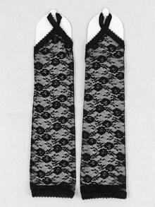 1 Pair Black & White Lace Long Fingerless Gloves, Vintage Elegant Sheer Breathable Styling Arm Warmers - Multicolor - View 17