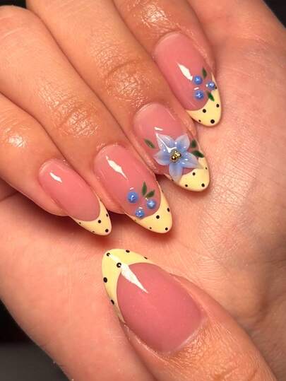 24pcs/Set Minimalist Yellow Polka Dot, Floral, Blueberry, Golden Pearl Accent Almond Shaped Press-On Nails, Includes Gel Polish And Nail File, Elegant Style Suitable For Girls And Women For Daily, Party, Summer Wear