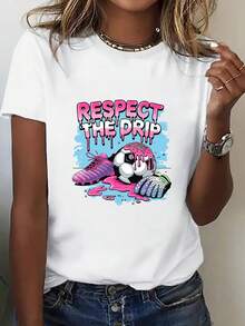 Women's Printed Crew Neck T-Shirt, USA-Mexico Clothing Series, Energy T-Shirt With Soccer And Sneaker Print, Lightweight Style For Everyday Wear And Watching Games. Clothing For Soccer Enthusiasts, Cheerleading Outfits. New Comfortable Short Sleeves For Spring/Summer Clothing - 白色 - 查看 1