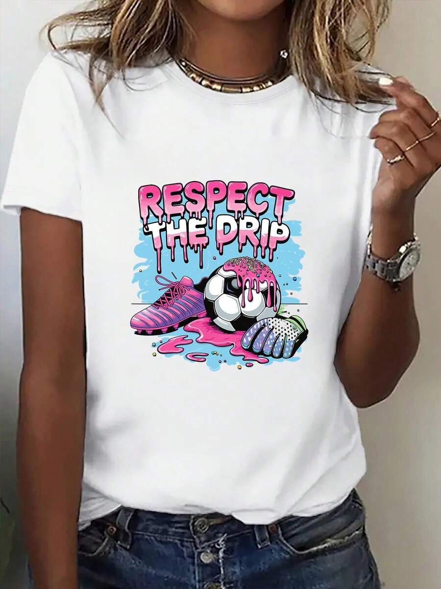 Women's Printed Crew Neck T-Shirt, USA-Mexico Clothing Series, Energy T-Shirt With Soccer And Sneaker Print, Lightweight Style For Everyday Wear And Watching Games. Clothing For Soccer Enthusiasts, Cheerleading Outfits. New Comfortable Short Sleeves For Spring/Summer Clothing - 白色 - 查看 1