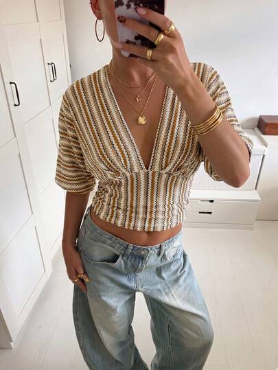 Elegant Striped V-Neck Women's Top, Short Sleeve Cinched Waist Loose Cropped Style, Suitable For Casual, Daily, And Summer Holiday Wear