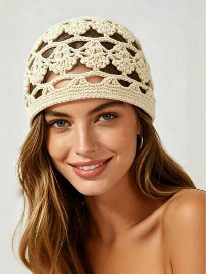 1 chiếc mũ len móc nhẹ thời trang mùa xuân/thu dành cho nữ, thích hợp cho đi biển và phong cách boho.