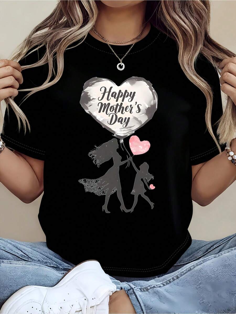 Feliz Día de la Madre Mamá Hija Silueta Camiseta Corazón Balón Gráfico Tee Casual Cuello Redondo Top de manga corta