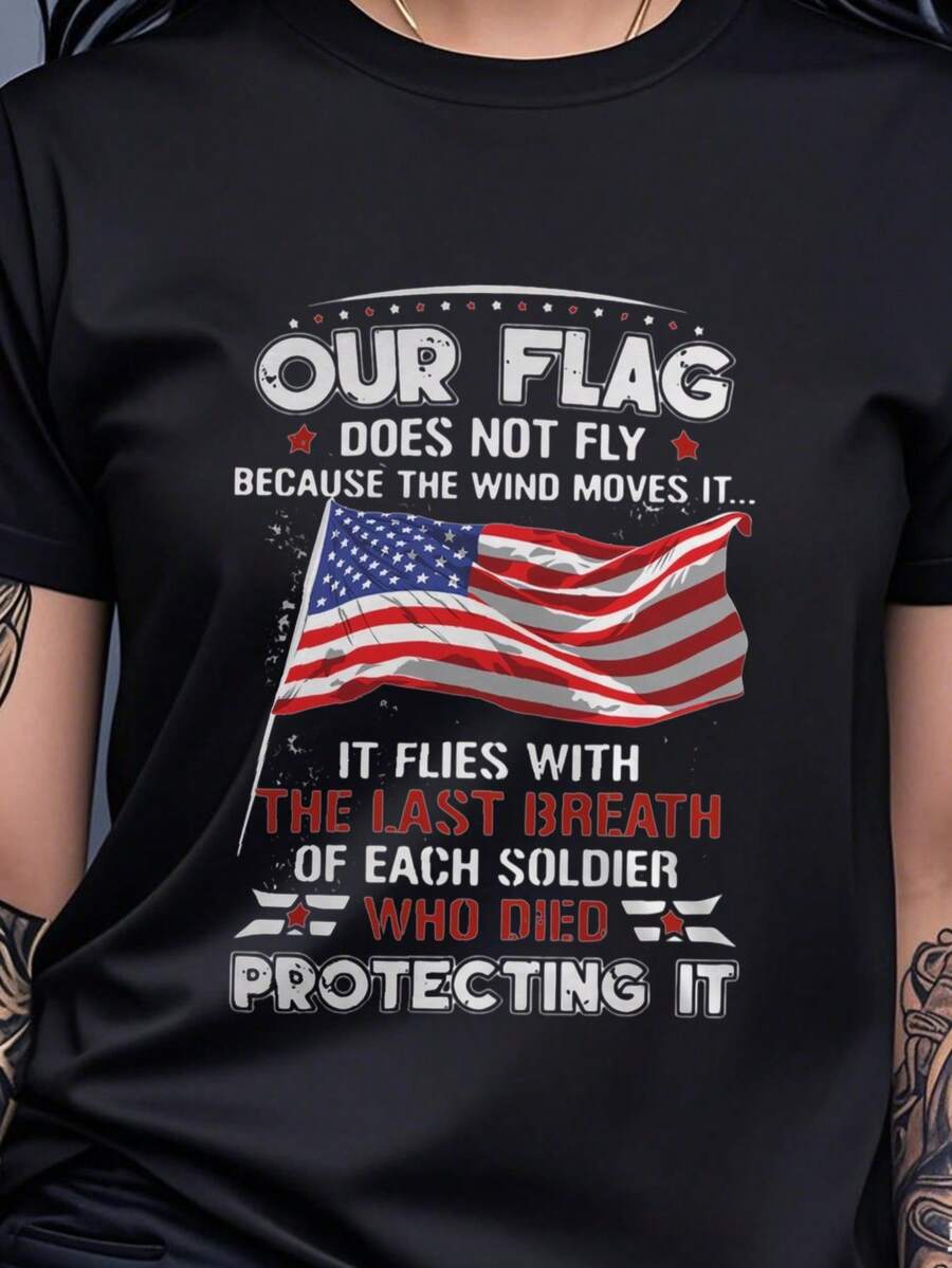 [Patriotic T-Shirt] 100% Women'S Plus Size Patriotic American Flag T-Shirt | Breathable Casual Tee With Military Tribute Design, Round Neck Short Sleeve Top For Daily Wear & Street Fashion - Father'S Day Gift Idea, American Flag Additions, B - 黑色 - 查看 1
