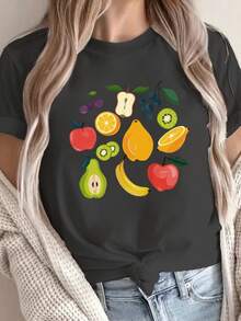 Fruits Print Crew Neck T-Shirt, Casual Short Sleeve T-Shirt For Spring & Summer, Women's Clothing - Negro - Ver 2
