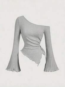 Nueva camiseta elegante asimétrica de estilo callejero informal ajustada de manga larga cruzada con hombros descubiertos para mujer top de manga trompeta - Gris - Ver 6