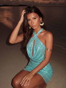 Elegant Sleeveless Sequin Bandeau Bodycon Mini Dress, Women's Party Cocktail Dress With Backless Design And Slight Stretch Summer - Baby Blue - View 3