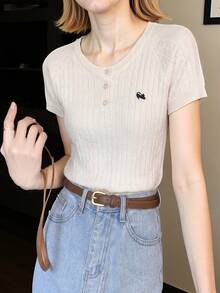 Women's Casual Minimalist Raglan Sleeve Knit Top, Suitable For Summer & Home Wear - Off-white - View 5