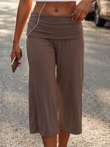 Women's Capri Pants Fold Over Waistband Low Rise Solid Color Wide Leg Cropped Lounge Trousers - 可可 - 查看 3
