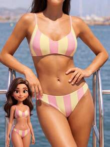 Bộ đồ đi biển mùa hè 2026 mới dành cho nữ, quần short cạp cao + bikini hai mảnh họa tiết sọc dọc màu be/hồng thời trang, màu dây ngẫu nhiên, phong cách ngọt ngào tươi trẻ, tối giản, cúp ngực chữ U, thích hợp cho đi biển, spa và kỳ nghỉ. - Nhiều màu - Xem 2
