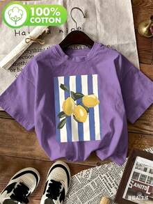 100% Pure Cotton Lemon Pattern Printed Versatile Women's Short-Sleeve T-Shirt (7)100% Cotton - Purple - View 15