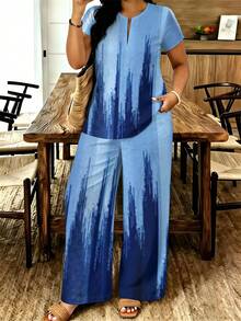2026 Summer New Styles Blue Abstract Vertical Lines Pattern Plus Size Women's Short-Sleeve Top And Long Pants Straight-Leg Pants Set, Elegant 2pcs Casual Outfit,Loose And Comfortable - trắng - Xem 1