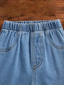 Shorts en jean droits pour tout-petites filles, avec ourlet déchiré, imprimé floral et couleur unie. Convient pour les loisirs et les jeux en extérieur, été - Jean clair - Voir 4