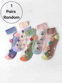 1/5 Pairs Random Women Colorful Ditsy Floral Contrast Color Breathable Soft Casual Ankle Socks, Suitable For Spring/Summer Daily Wear - Multicolor - View 9