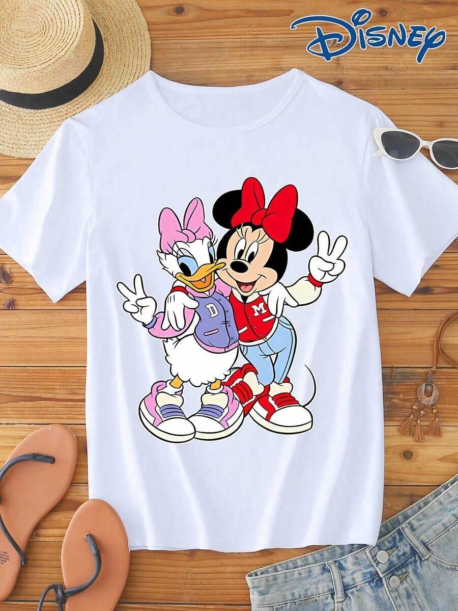 1pc Women's Short Sleeve T-Shirt, Disney Minnie Mouse, Daisy Duck Graphic Print, Round Neck, Stretchy, Easy Care, Suitable For Daily Wear, Fashionable Women's Short Sleeve T-Shirt, Casual Wear - 白色 - 查看 1